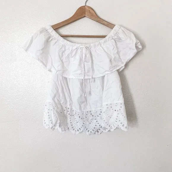 Madewell White Balcony Eyelet Ruffle Cold Shoulder Blouse - Picture 2 of 7